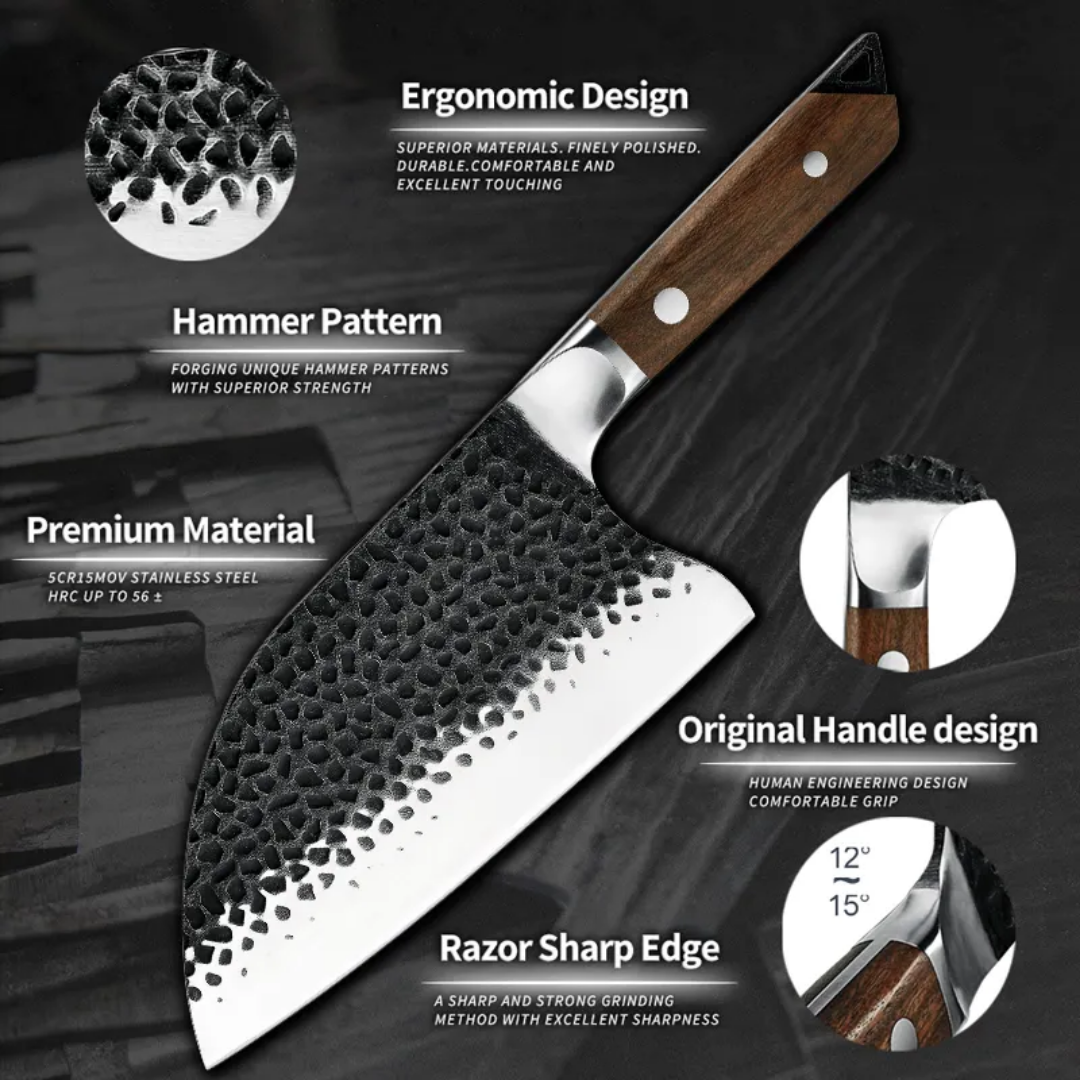 Hand-Forged 5Cr15MoV Carbon Steel Serbian Chef Knife with Leather Sheath