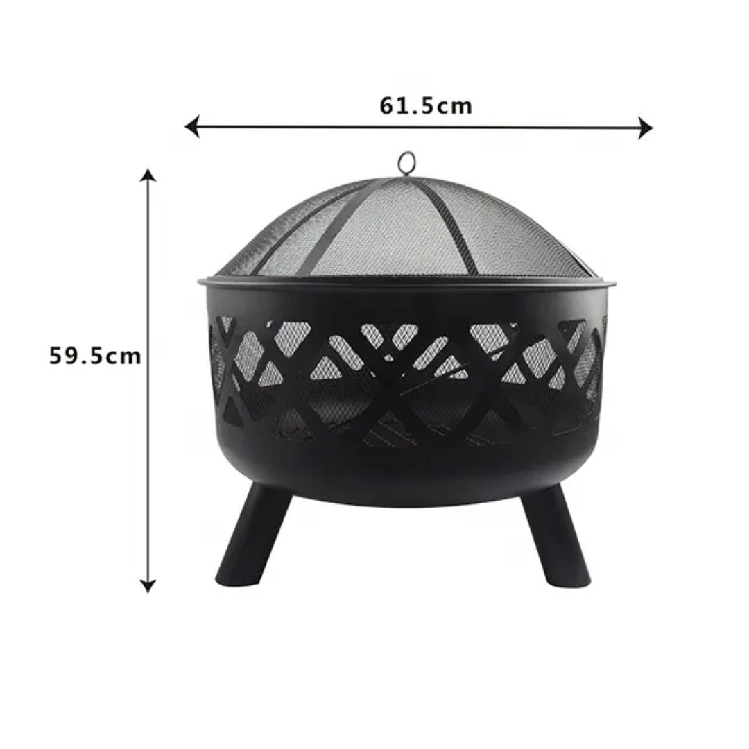 Outdoor Fire Pit – 61CM Steel Bowl with Mesh Cover & Poker Handle