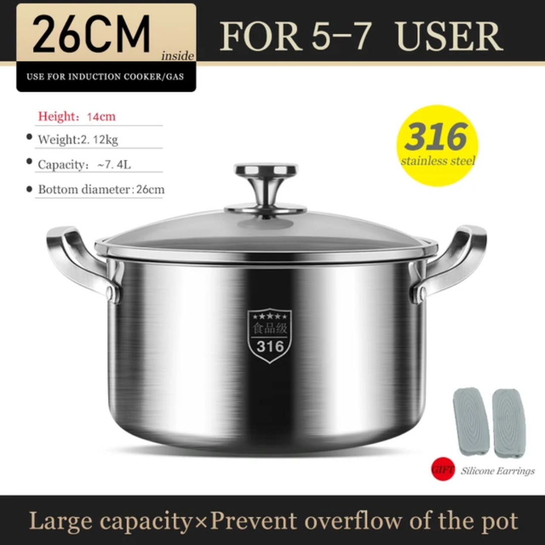 316 Stainless Steel Stock Pot & Soup Pot – Multi-Size (26cm, 28cm, 30cm) Heavy-Duty Cooking Pot Collection