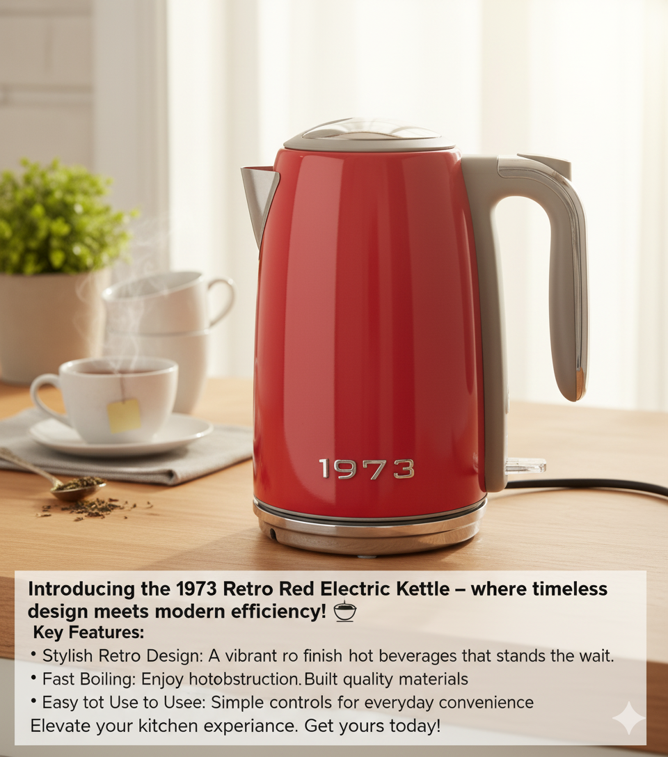 "Introducing the 1973 Retro Red Electric Kettle 1.7L – where timeless design meets modern efficiency!