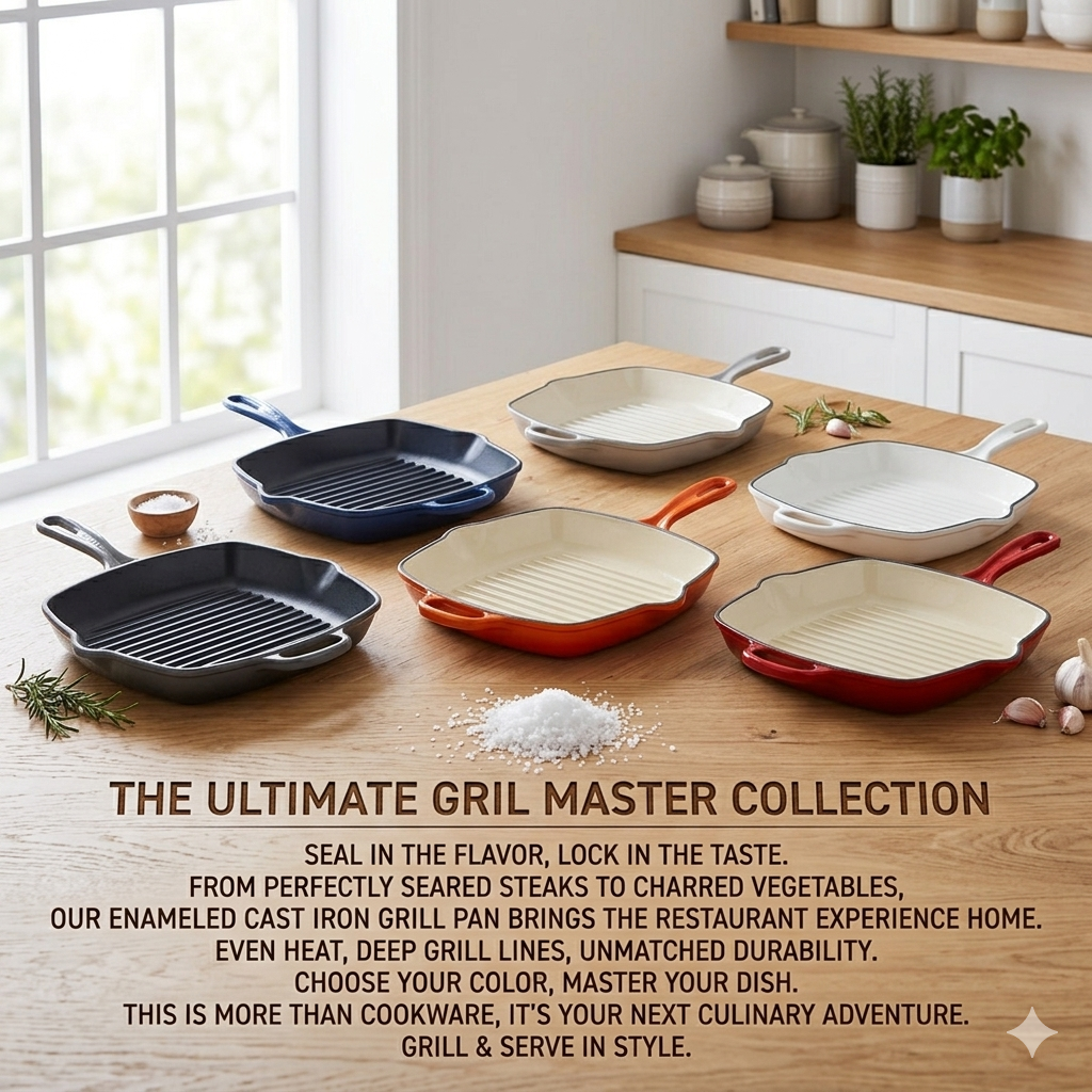 Premium Square Enameled Cast Iron Grill Pan – 11-Inch Heavy Duty Stovetop Griddle