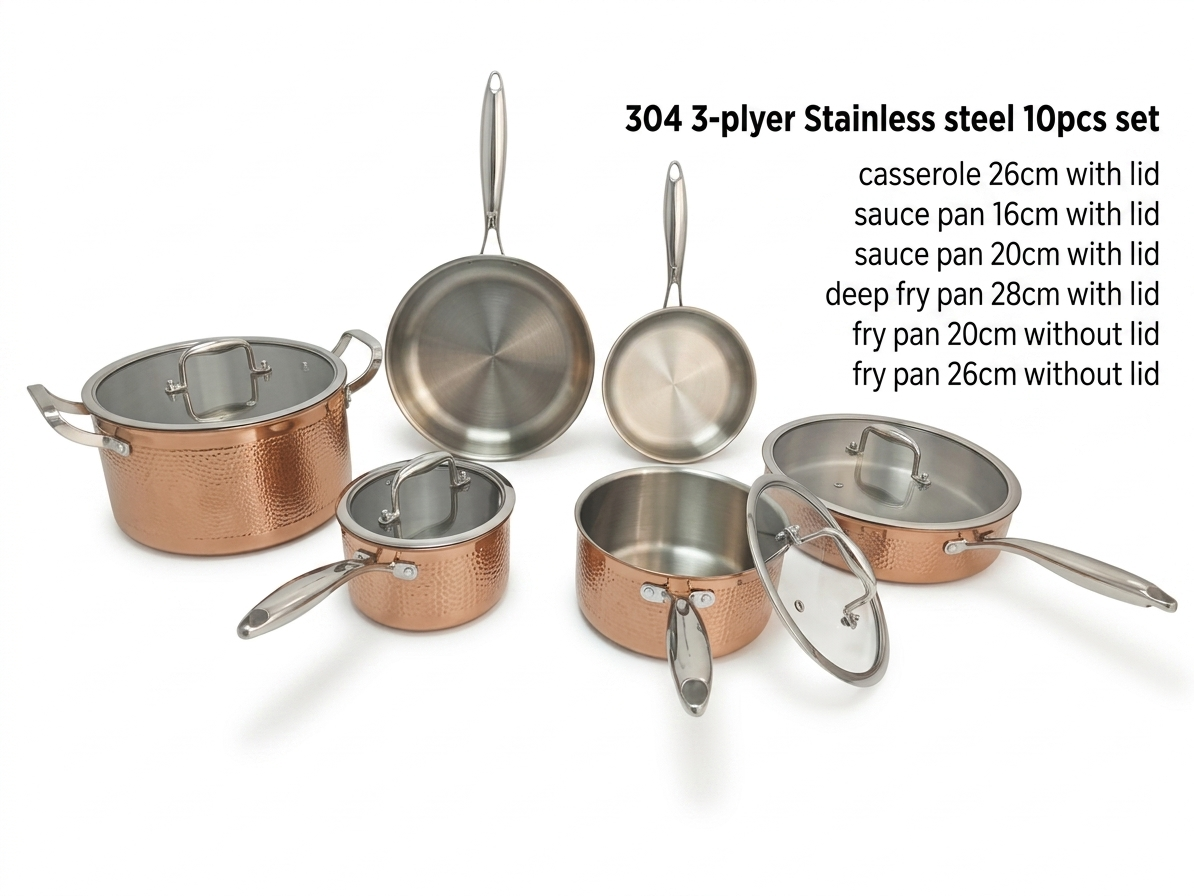 Premium 10-Piece Tri-Ply Stainless Steel Cookware Set – Hammered Copper Exterior