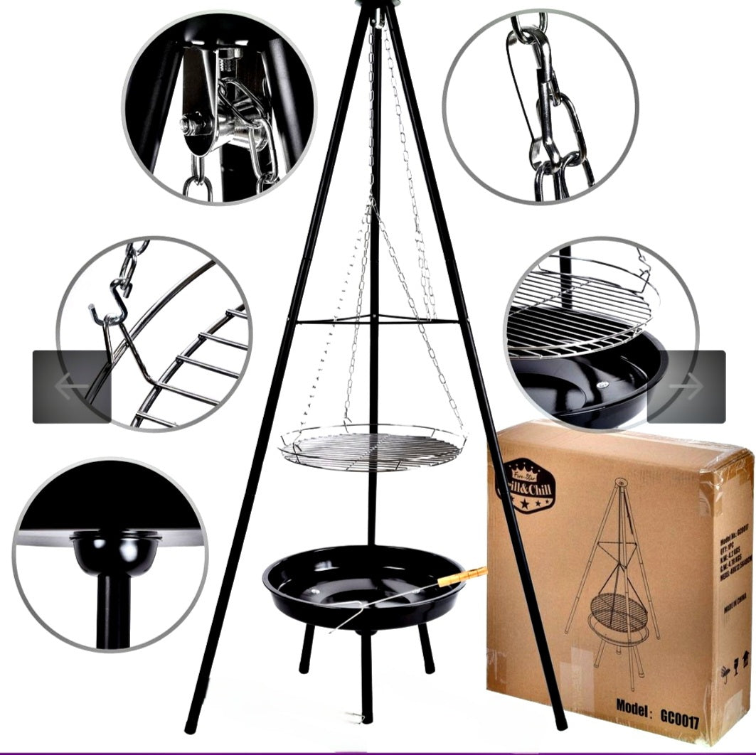 Tripod Grill with Hanging Grate & Fire Bowl – Outdoor BBQ Station