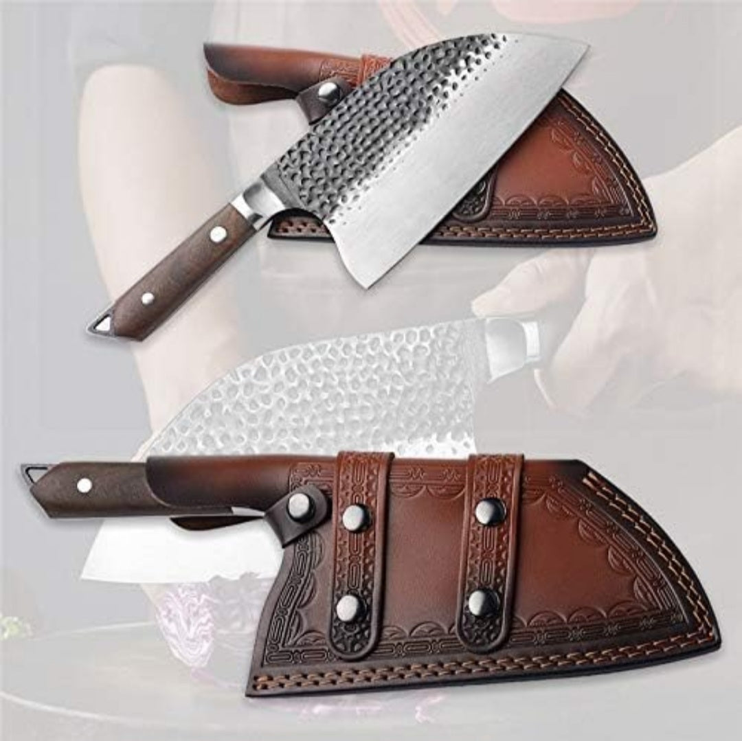 Hand-Forged 5Cr15MoV Carbon Steel Serbian Chef Knife with Leather Sheath