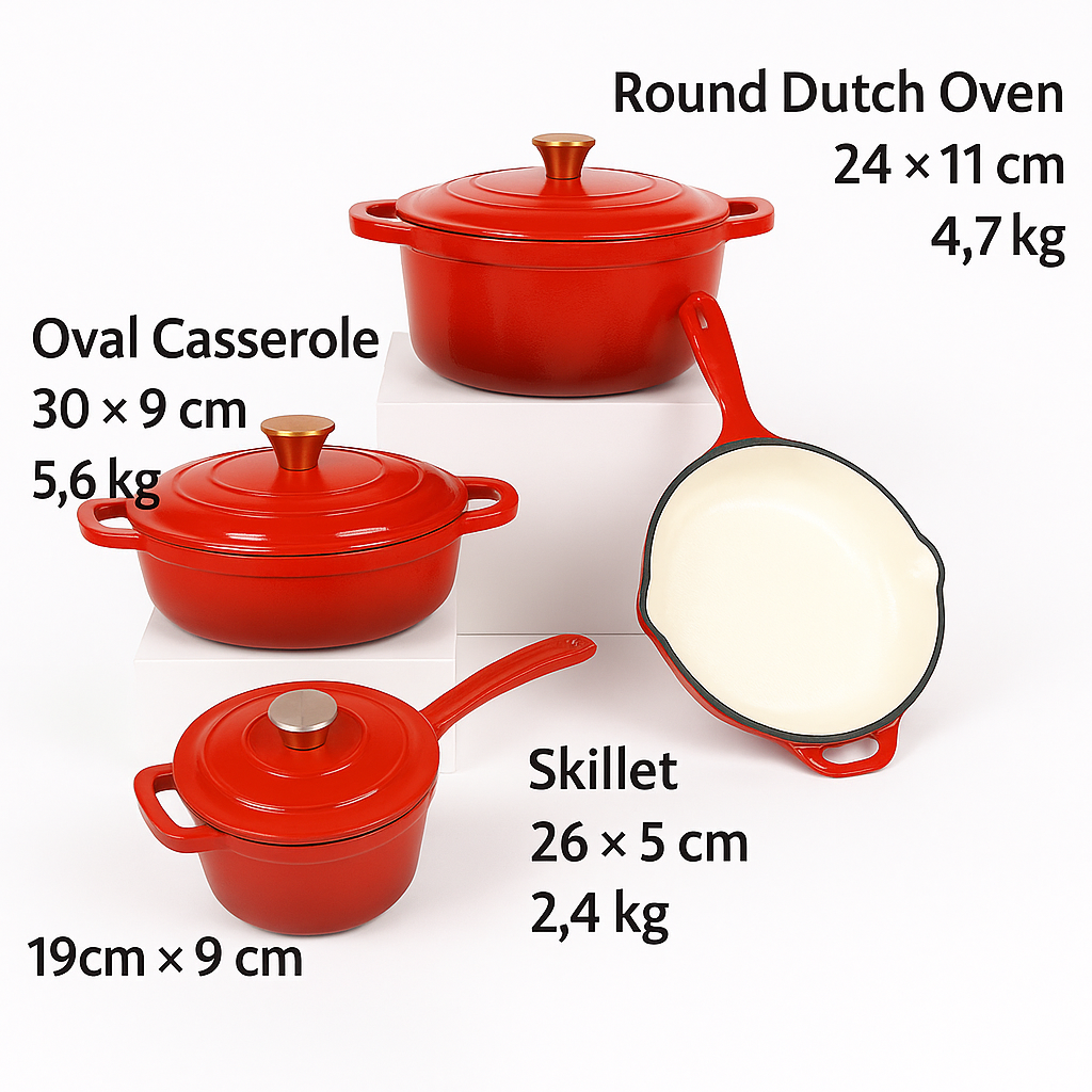 Adorable 4+1 -Enamel Cast Iron Cookware Set – Red