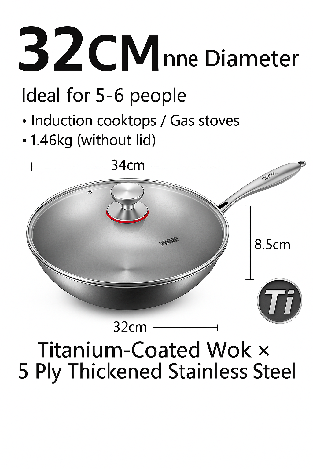 Titanium Hammered Wok with Lid – 30CM / 32CM / 34CM