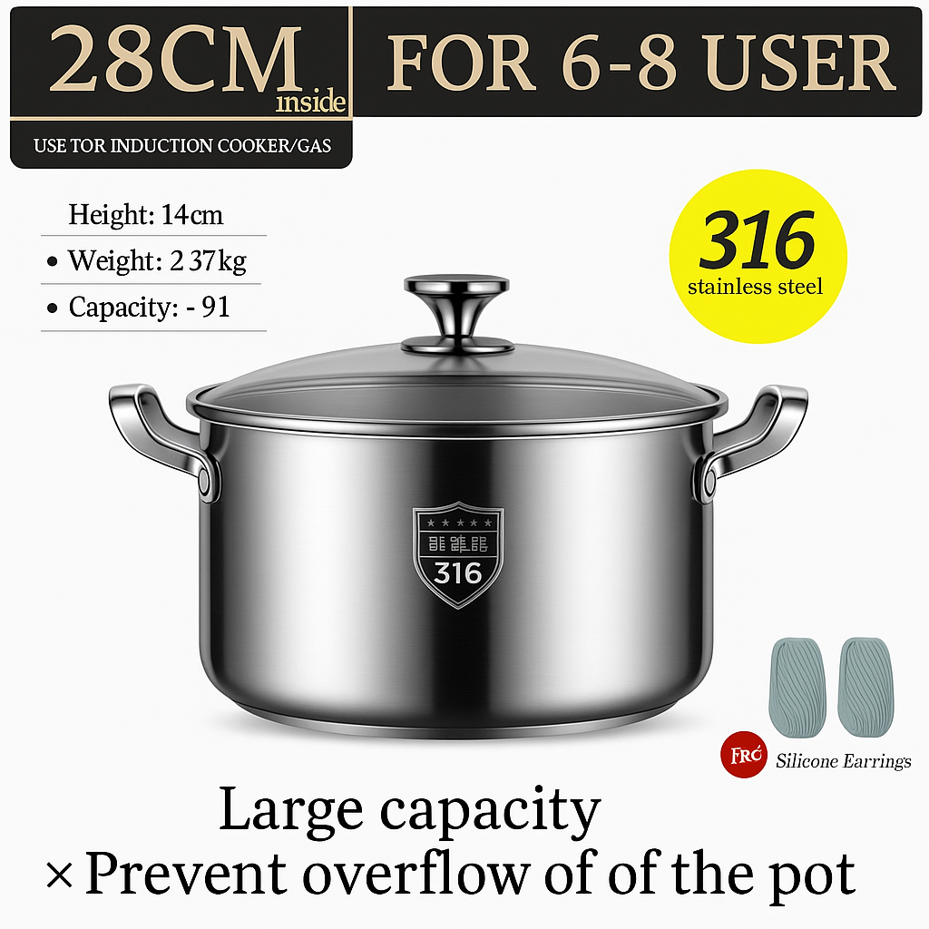 KENGQ 316 Stainless Steel Stock & Soup Pot 26cm|28cm|30cm.