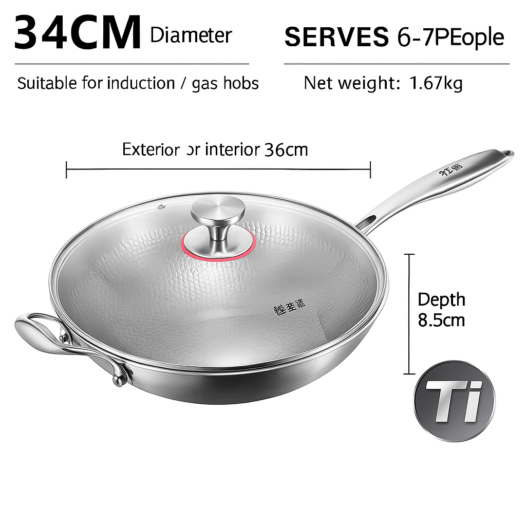 PFAS-Free Hammered Titanium Wok with Lid – Professional Stir Fry Pan