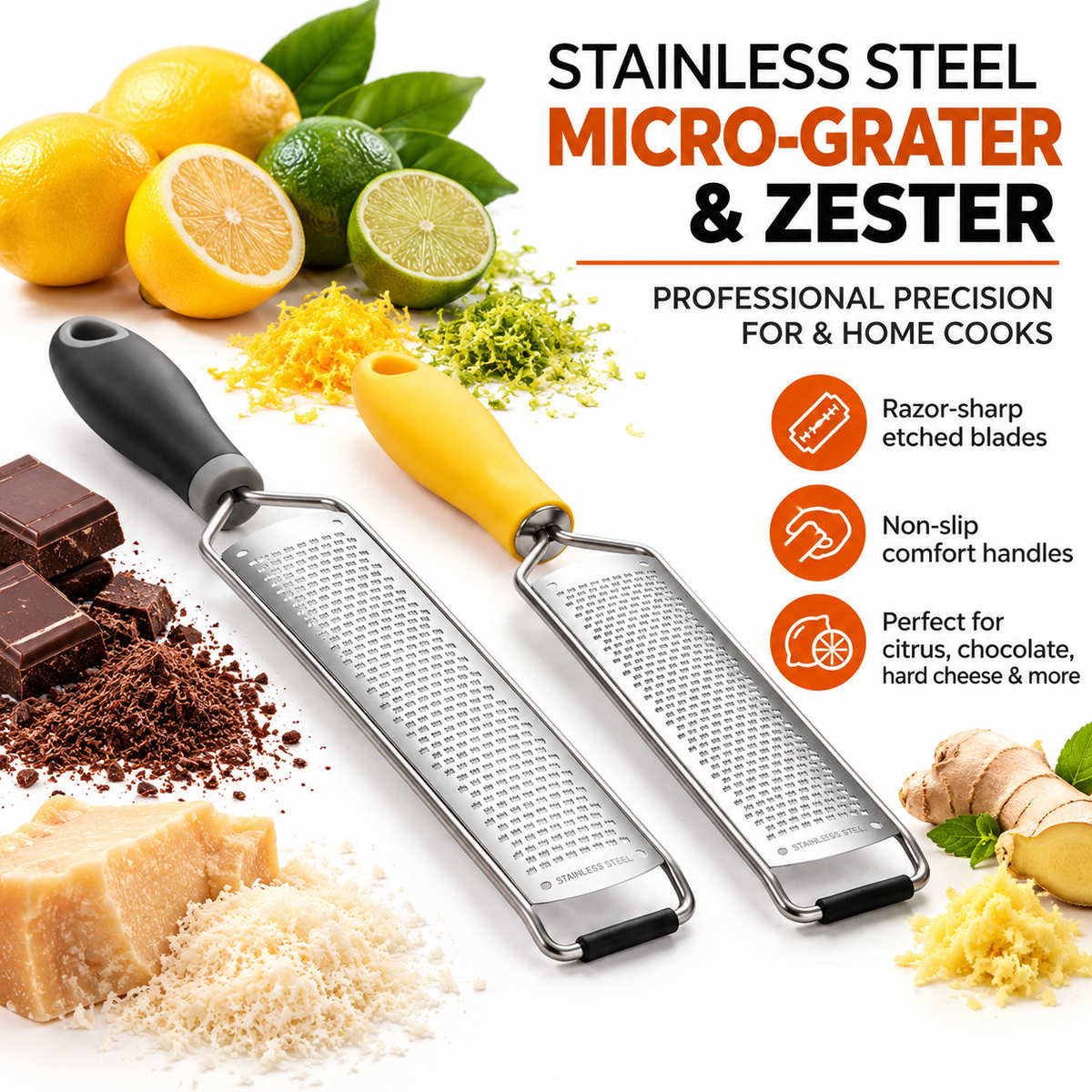 Lemon Zester & Citrus Grater - 304 Stainless Steel Tool for Cheese, Chocolate & Vegetables, 39cm x 4.5cm (Black / Yellow)