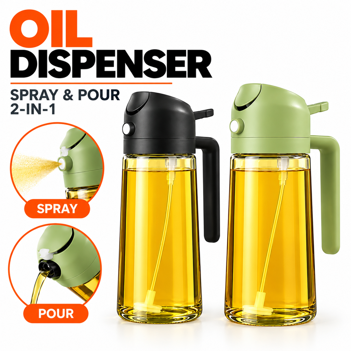 Oil Dispenser Bottle – 450ML / 18cm Glass Cooking Oil Container with Handle and Pour Spout