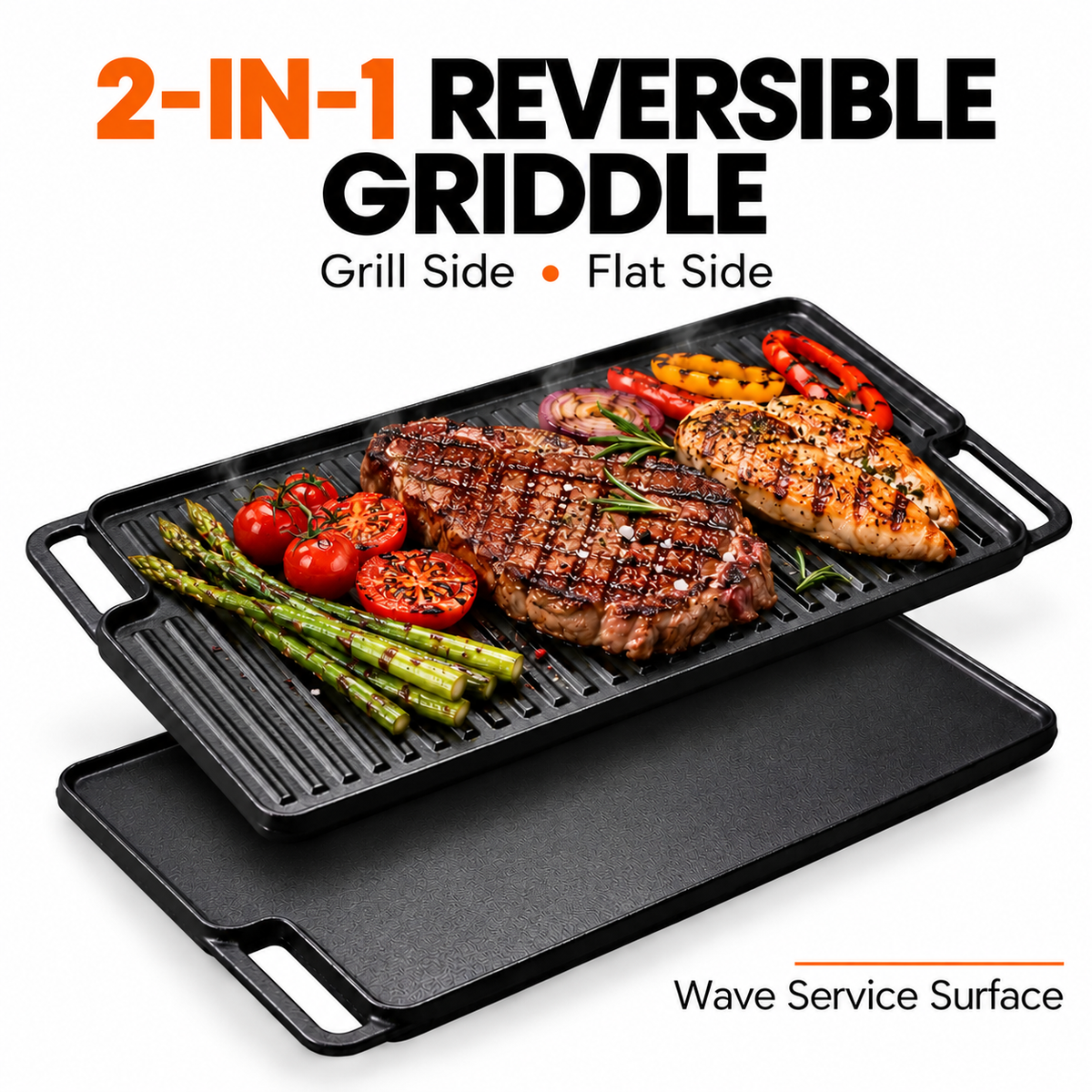 TOPWISH 2-in-1 Reversible Grill Pan – Cast Iron Griddle for Gas & Induction Hobs
