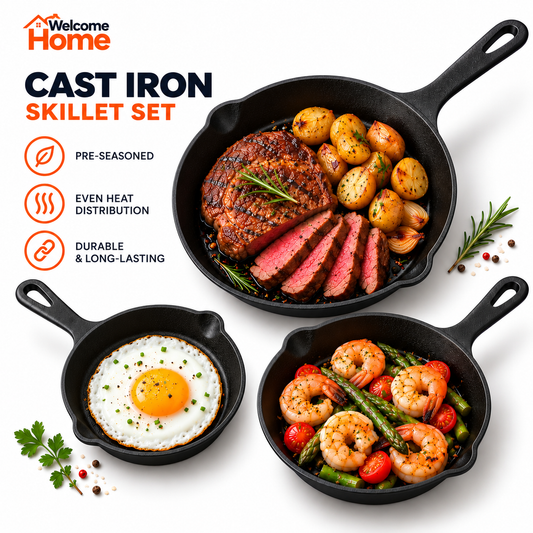 Cast Iron Skillet Set – 3-Piece Professional Pre-Seasoned Frying Pans with Superior Heat Retention for Induction and Oven