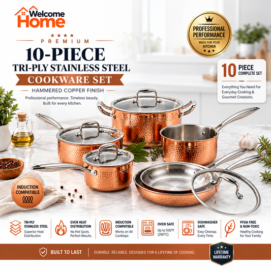 Hammered Copper Exterior 10-Piece Tri-Ply Stainless Steel Cookware Set – Professional Induction-Ready Pots and Pans with Lids