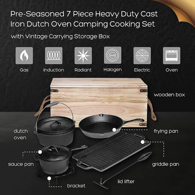 Premium Cast Iron Cookware Wooden Box Set – 7 Pieces