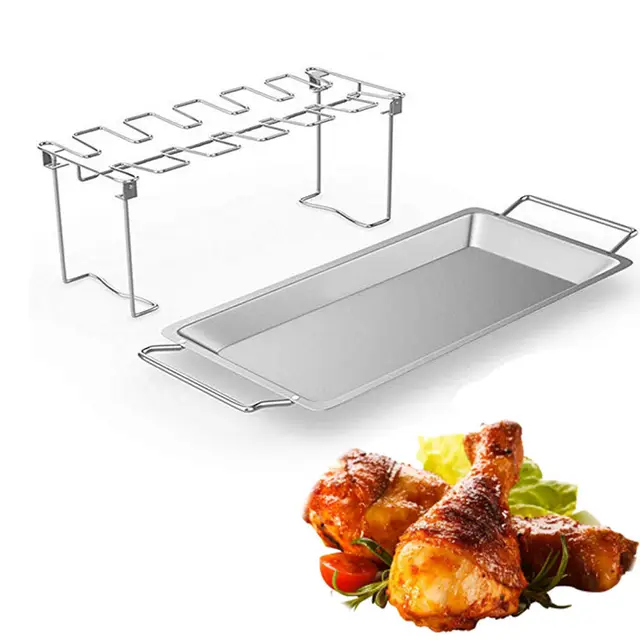 Heavy-Duty 14-Slot Stainless Steel Folding Chicken Leg & Wing BBQ Rack with Bakeware