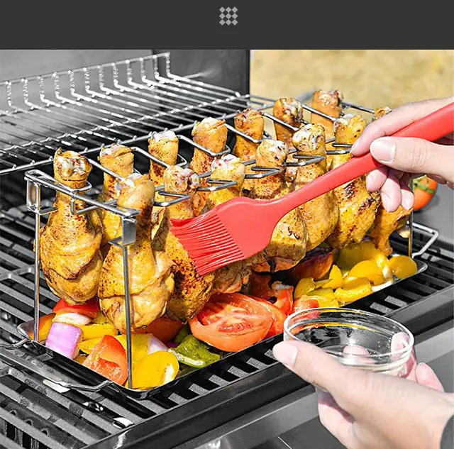 Heavy-Duty 14-Slot Stainless Steel Folding Chicken Leg & Wing BBQ Rack with Bakeware