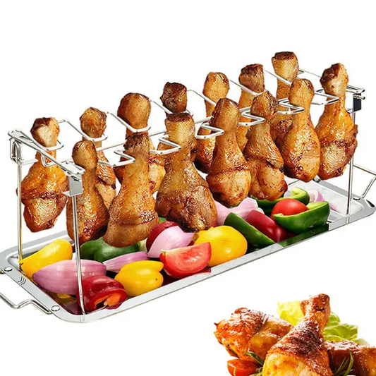 Heavy-Duty 14-Slot Stainless Steel Folding Chicken Leg & Wing BBQ Rack with Bakeware