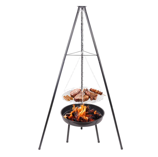Tripod Grill with Hanging Grate & Fire Bowl – Outdoor BBQ Station