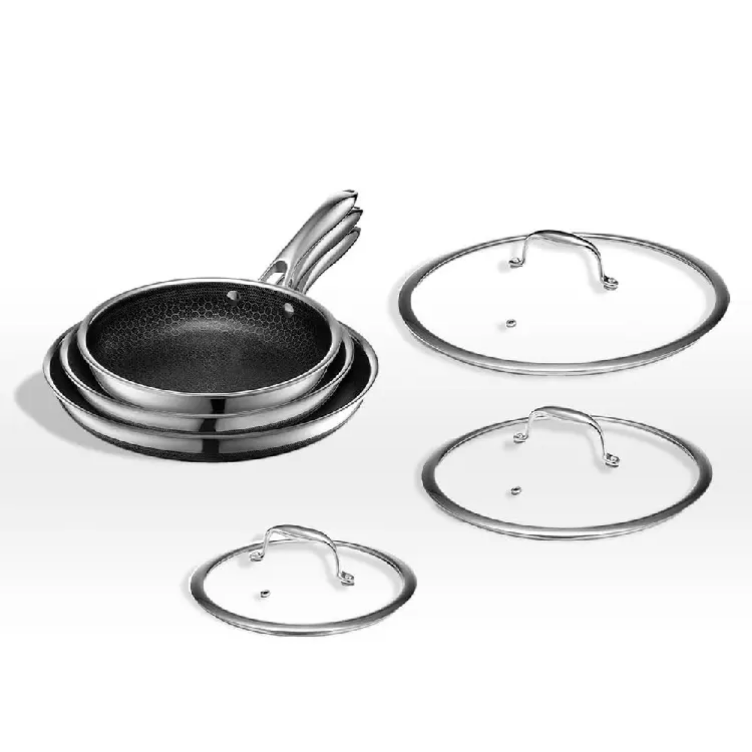 HexClad-Style Hybrid Non-Stick Cookware Set – Honeycomb 3-ply Stainless Steel Pans with Lids