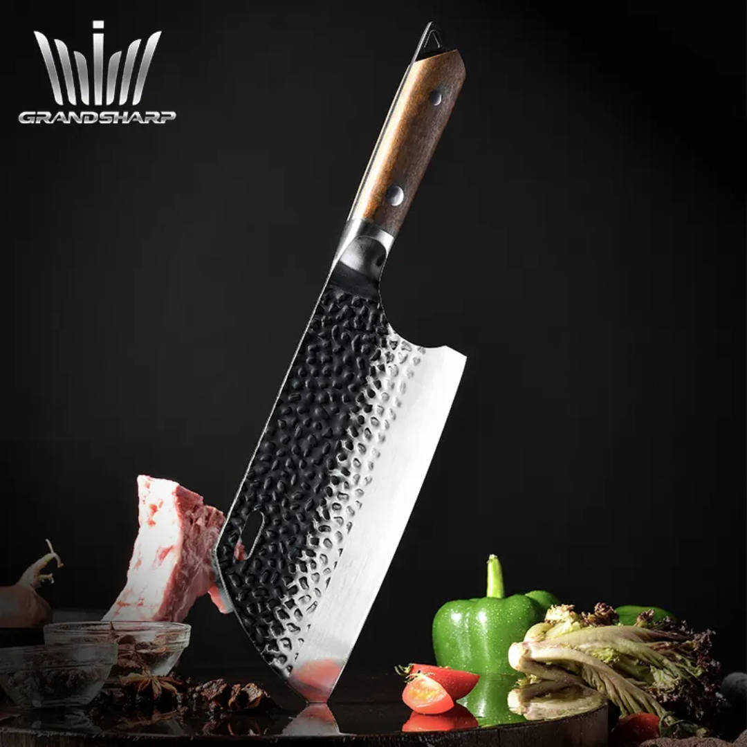 Premium Hand-Forged Carbon Steel Chef Knife with Leather Sheath