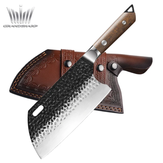 Premium Hand-Forged Carbon Steel Chef Knife with Leather Sheath