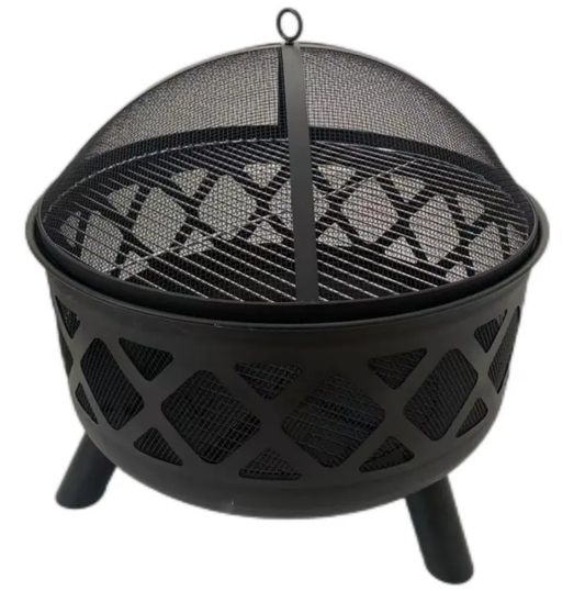 Outdoor Fire Pit – 61CM Steel Bowl with Mesh Cover & Poker Handle