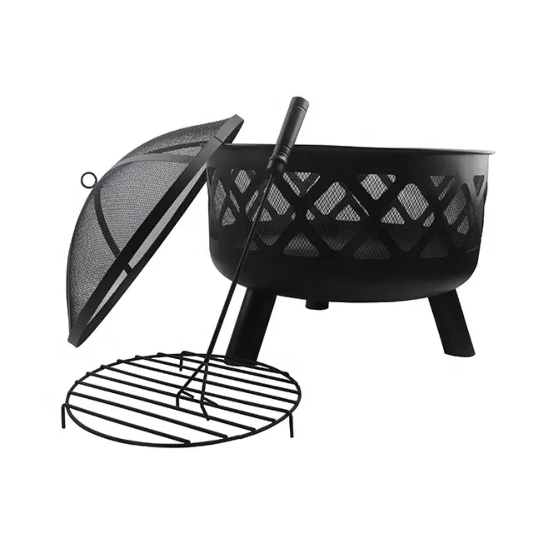 Outdoor Fire Pit – 61CM Steel Bowl with Mesh Cover & Poker Handle