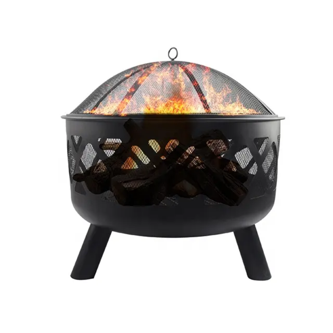 Outdoor Fire Pit – 61CM Steel Bowl with Mesh Cover & Poker Handle