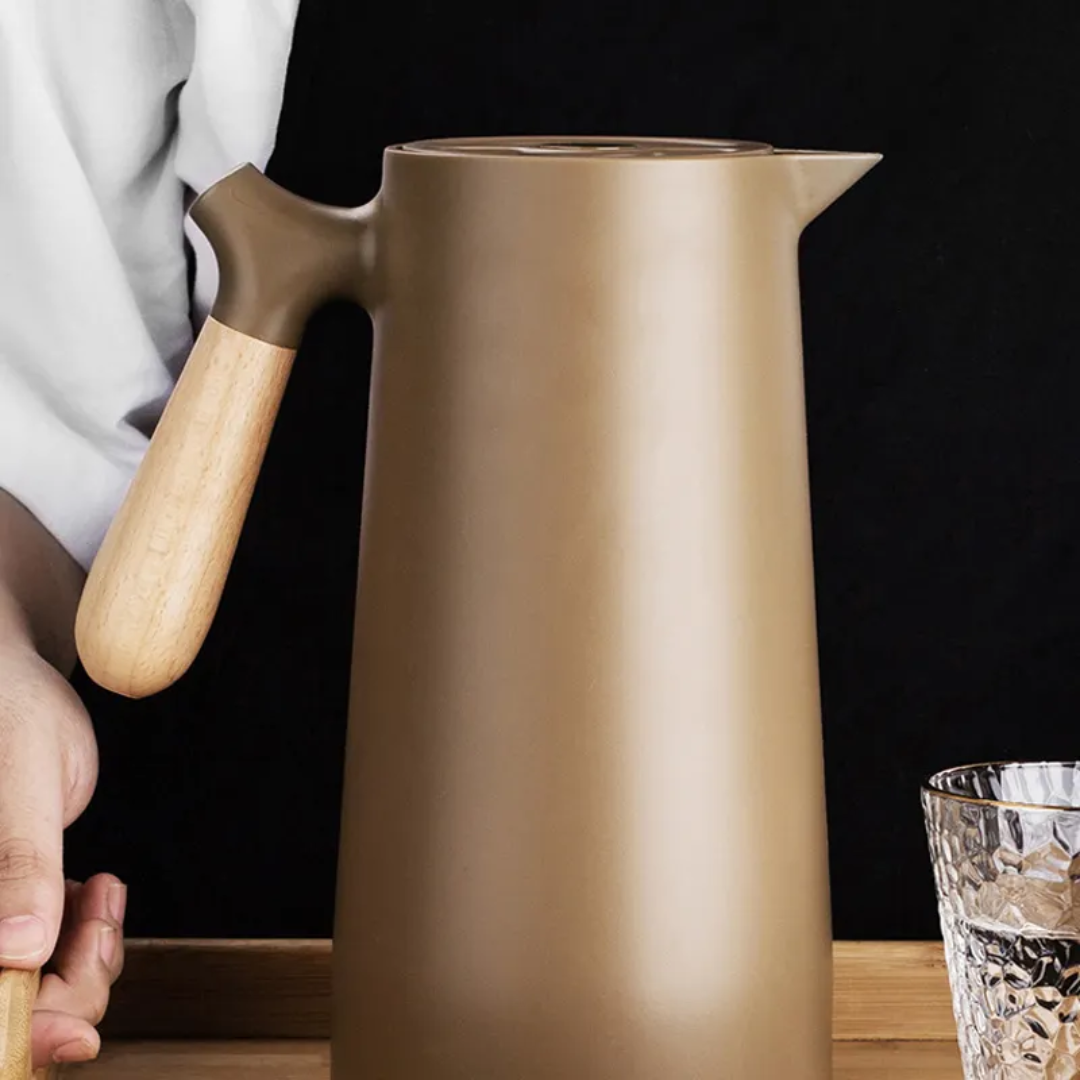 1L Double Wall Vacuum Glass Thermos – Wooden Style Handle