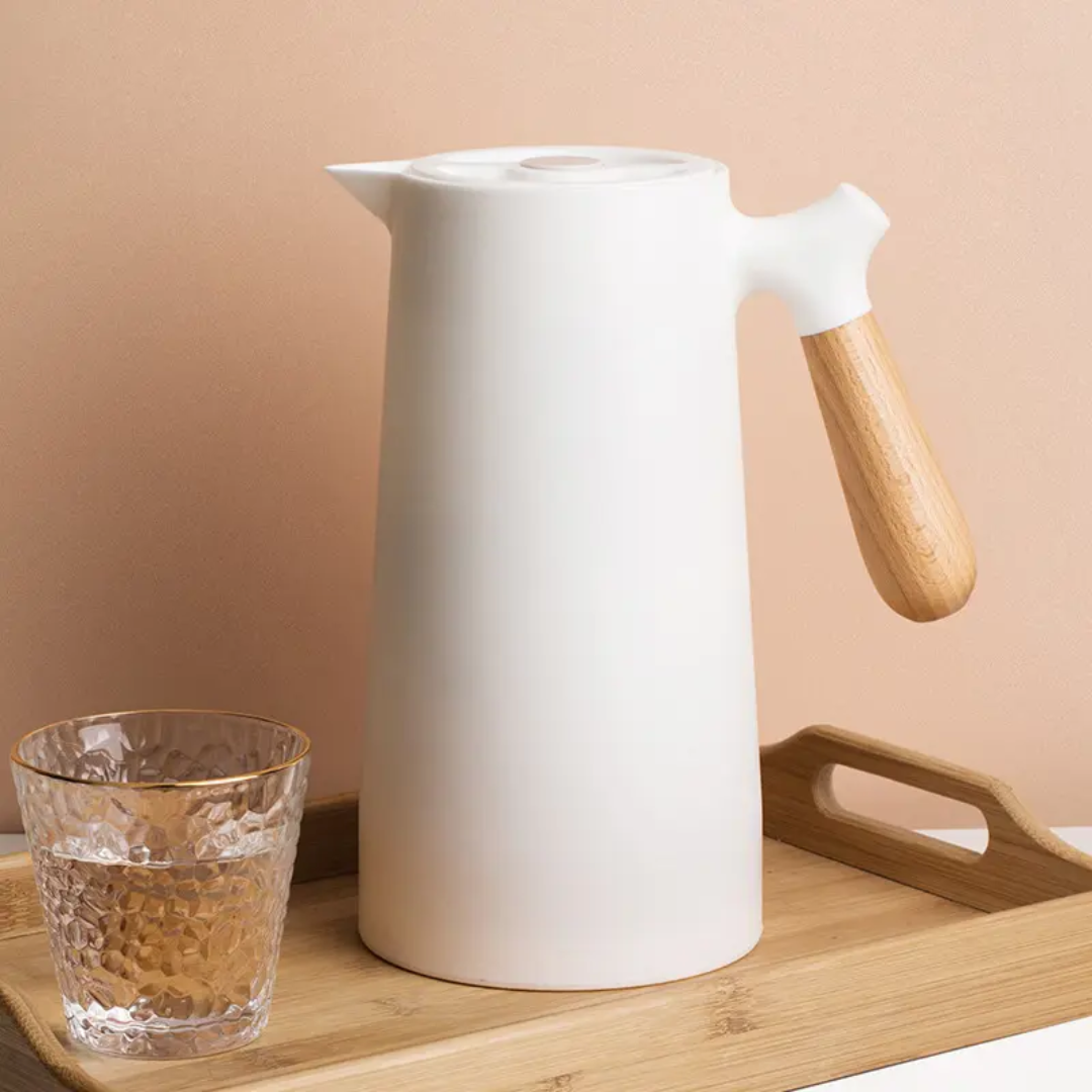 1L Double Wall Vacuum Glass Thermos – Wooden Style Handle