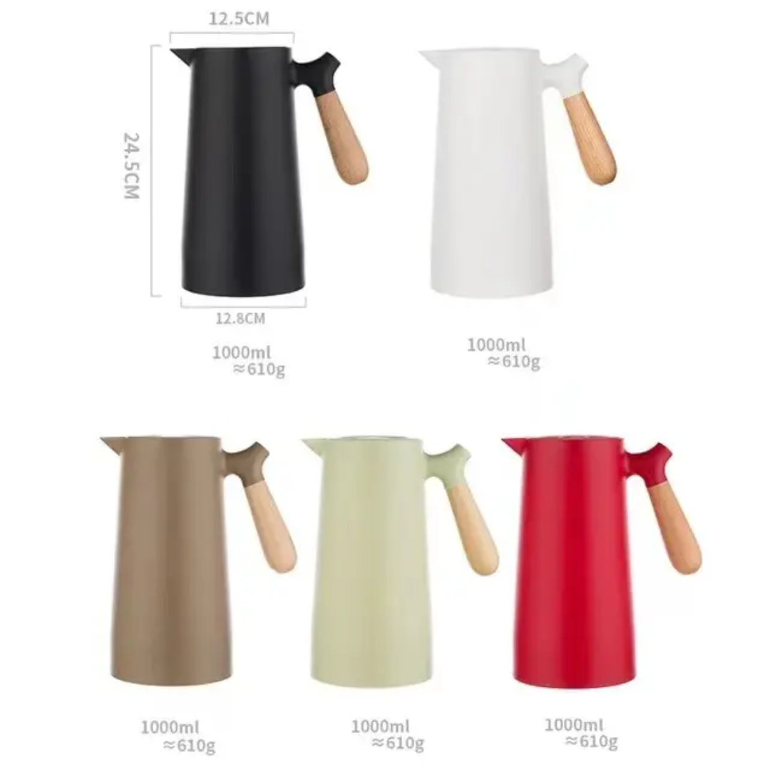 1L Double Wall Vacuum Glass Thermos – Wooden Style Handle