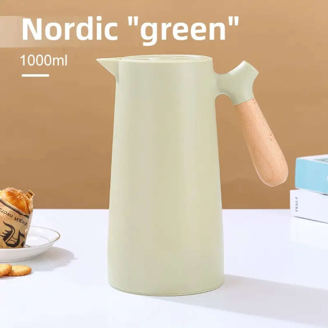 1L Double Wall Vacuum Glass Thermos – Wooden Style Handle