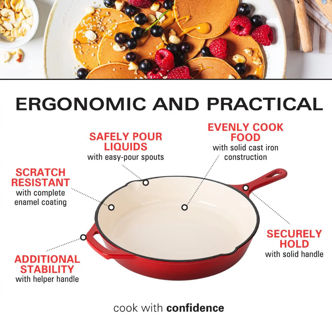 Cook like a pro with this durable 26cm Enamel Coated Cast Iron Fry Pan,