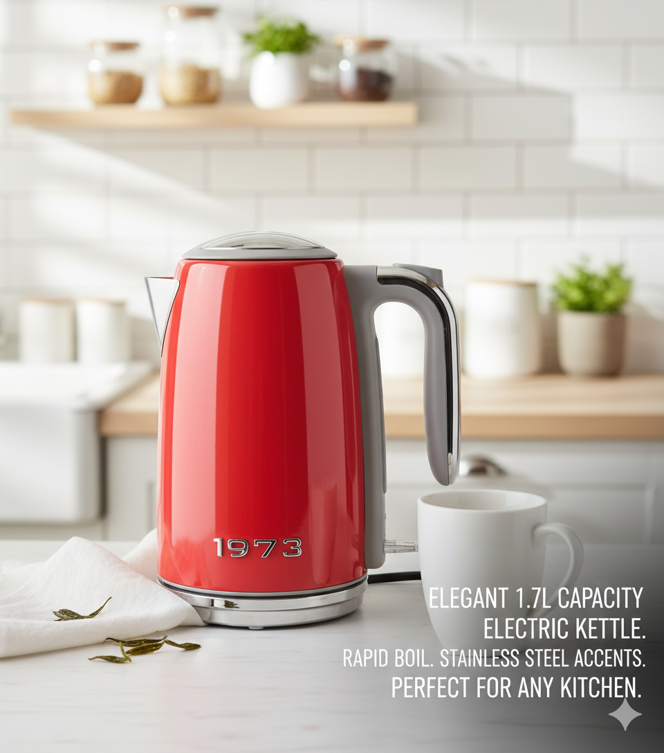 "Introducing the 1973 Retro Red Electric Kettle 1.7L  – where timeless design meets modern efficiency!