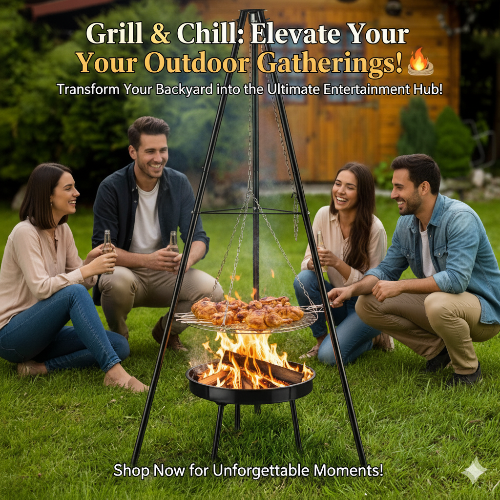Tripod Grill with Hanging Grate & Fire Bowl – Outdoor BBQ Station