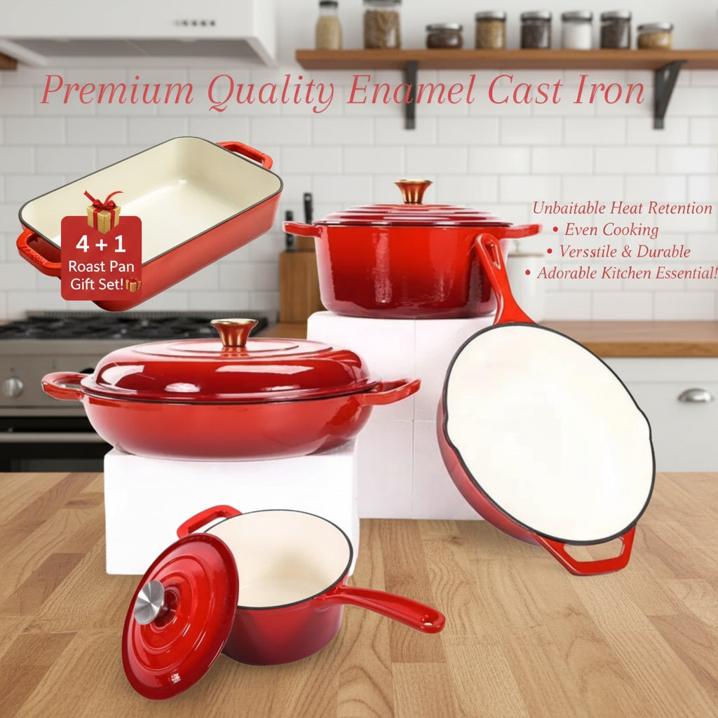 Adorable 4+1 -Enamel Cast Iron Cookware Set – Red