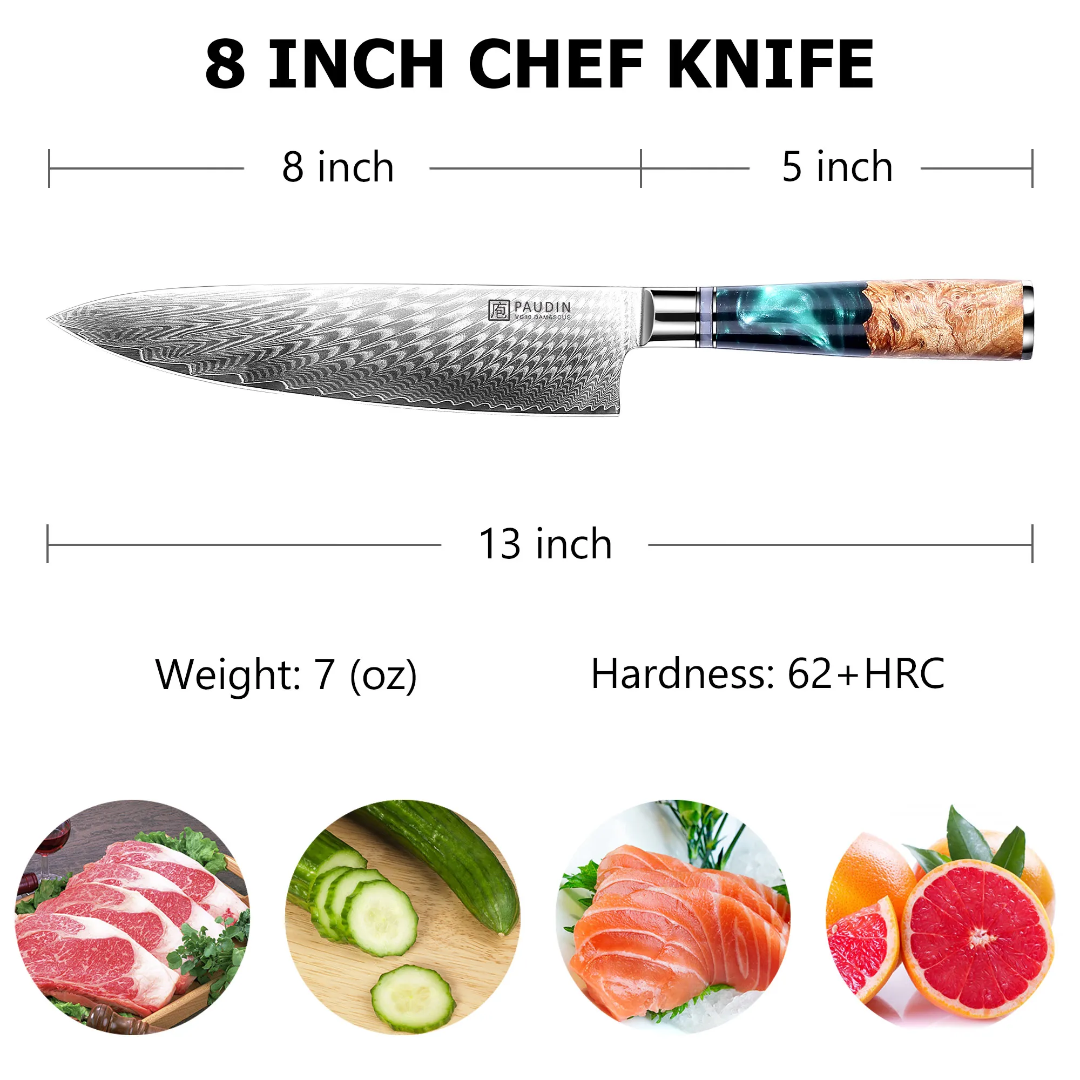 Paudin Atlantis 8-Inch Damascus Chef Knife 67-Layer VG10 Japanese Steel 62 HRC – Premium Lebanon