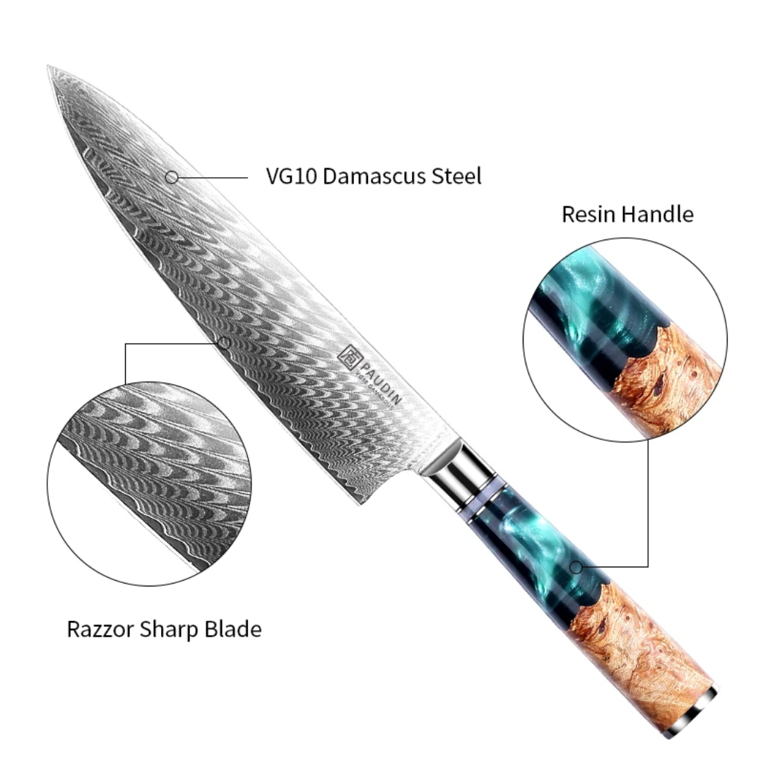 Paudin Atlantis 8-Inch Damascus Chef Knife 67-Layer VG10 Japanese Steel 62 HRC – Premium Lebanon