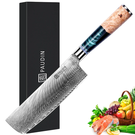 Paudin Atlantis 7-Inch Nakiri Chef Knife – 67-Layer VG10 Damascus Steel, 62 HRC, Professional Japanese Cleaver with Resin & Burl Wood Handle