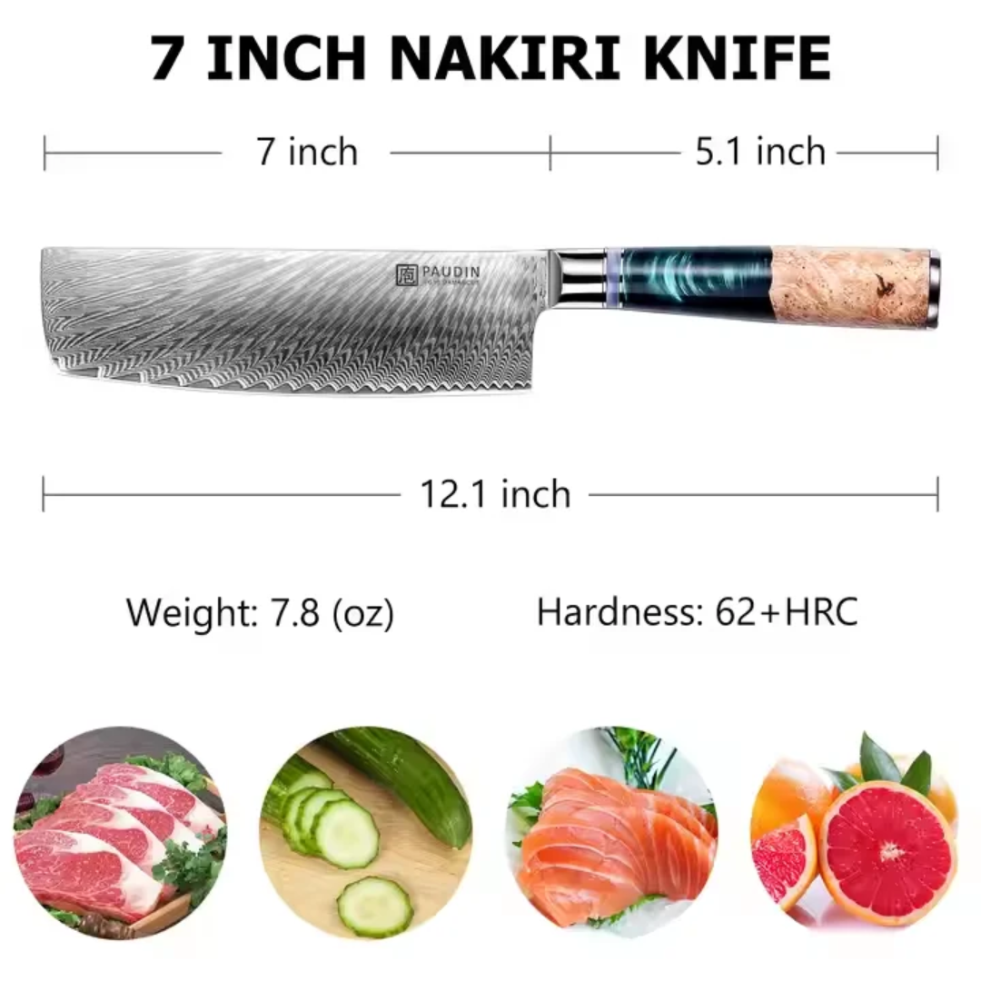 Paudin Atlantis 7-Inch Nakiri Chef Knife – 67-Layer VG10 Damascus Steel, 62 HRC, Professional Japanese Cleaver with Resin & Burl Wood Handle