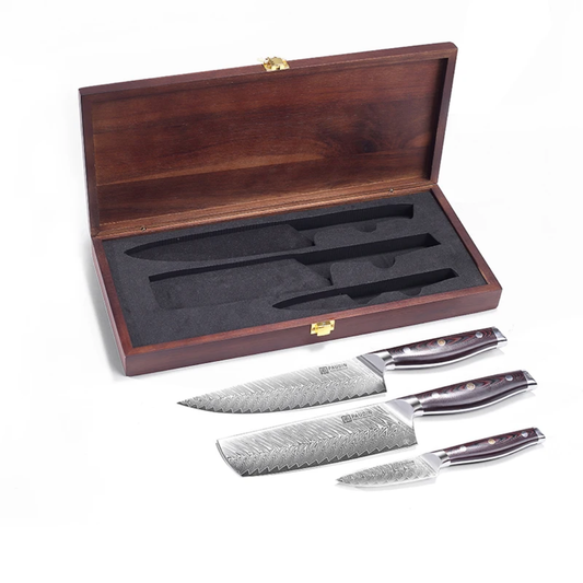 Premium 3-Piece Professional Knife Set 67-Layer VG10 Damascus Steel Burl Wood – 8" Chef 7" Nakiri 5" Utility Lebanon