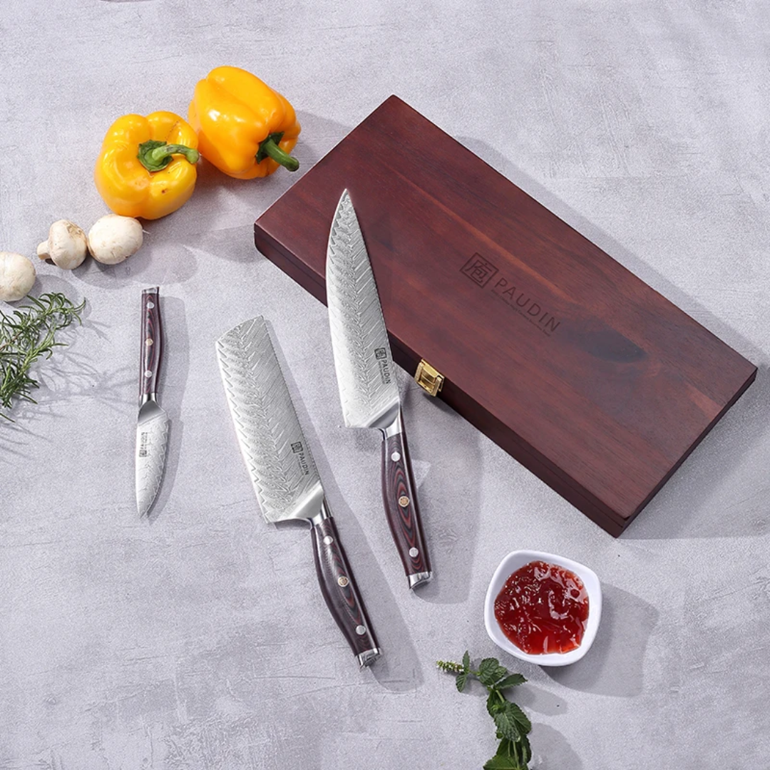 Premium 3-Piece Professional Knife Set 67-Layer VG10 Damascus Steel Burl Wood – 8" Chef 7" Nakiri 5" Utility Lebanon