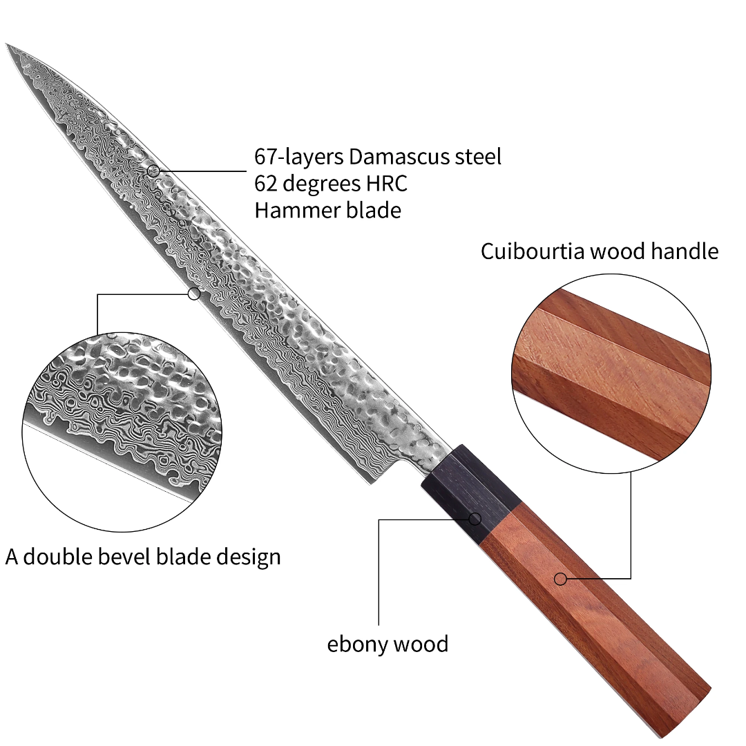 Premium " Damascus Steel Sashimi Knife – 67-Layer Hand-Forged Japanese Yanagiba with Rosewood Handle