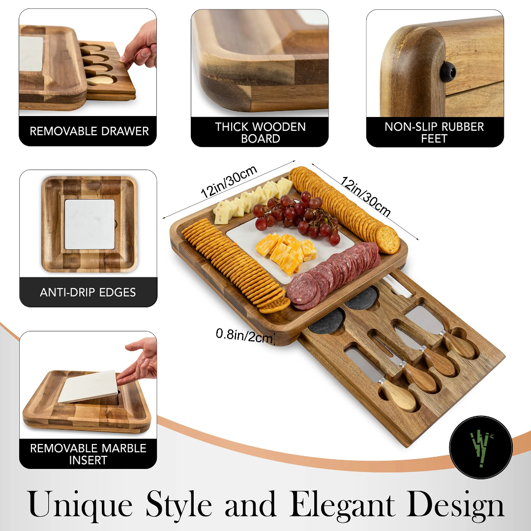 Premium Acacia Wood Charcuterie Board Set with Marble Insert & Knife Drawer | Luxury Cheese Board Lebanon