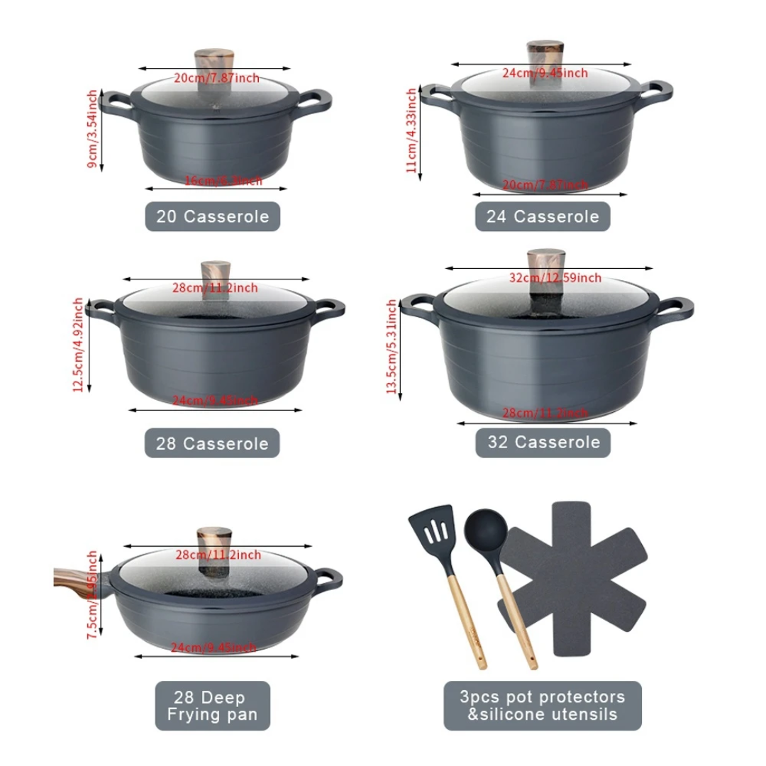 Premium Quality Cookware Set Non-Stick 15 Pieces Cast Aluminum  Grey / Beige / Black