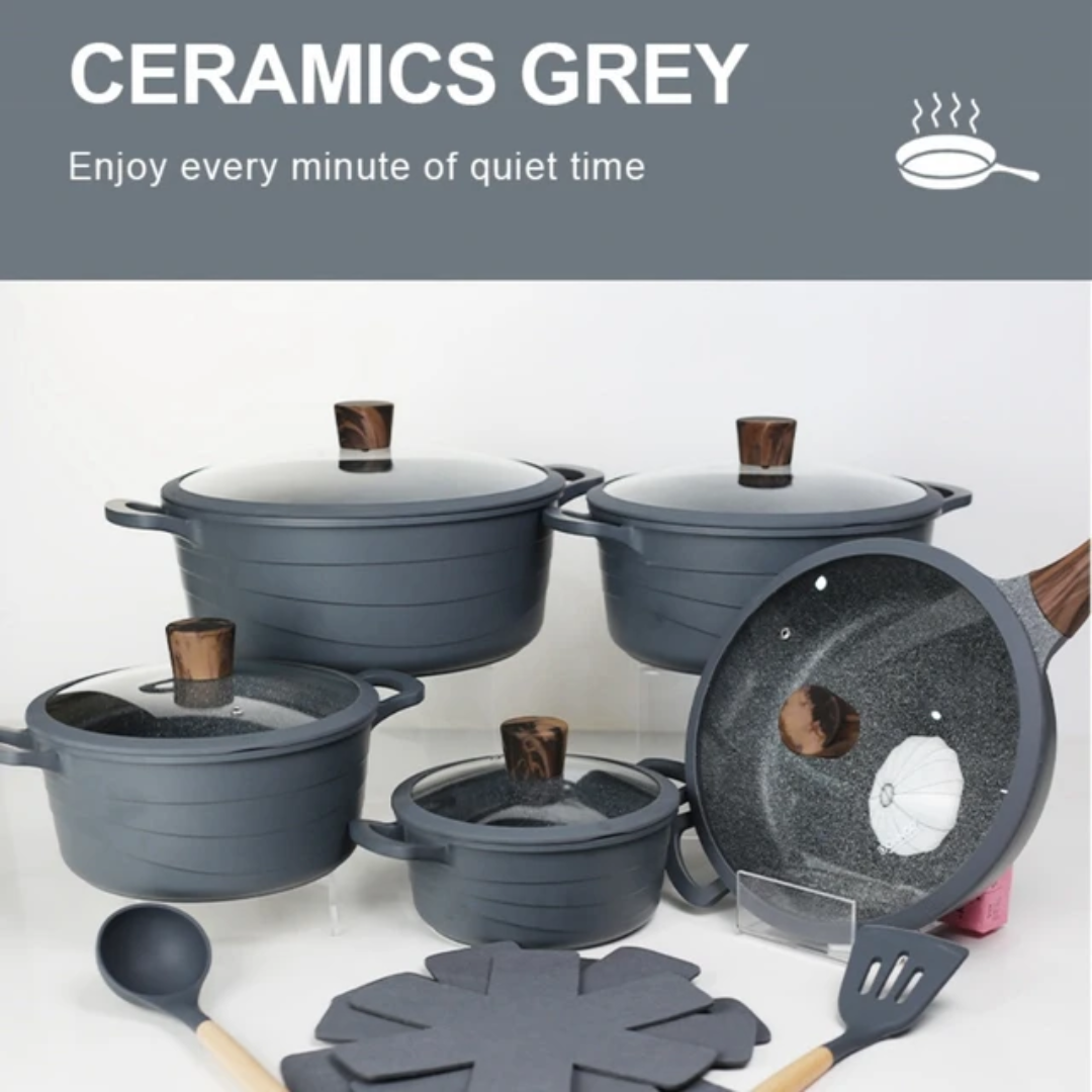 Premium Quality Cookware Set Non-Stick 15 Pieces Cast Aluminum  Grey / Beige / Black