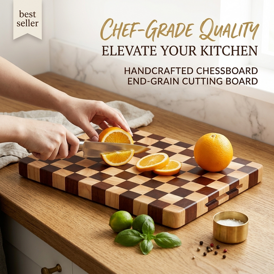 Cutting Board Professional Natural Rubberwood Chessboard End-Grain Cutting Board (50x38 cm) & (45cmx30cm