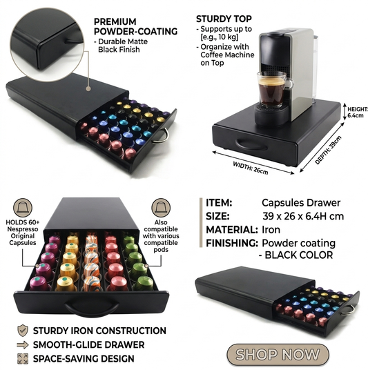 Premium Iron Coffee Capsule Drawer & Espresso Machine Stand | 60-Pod Capacity