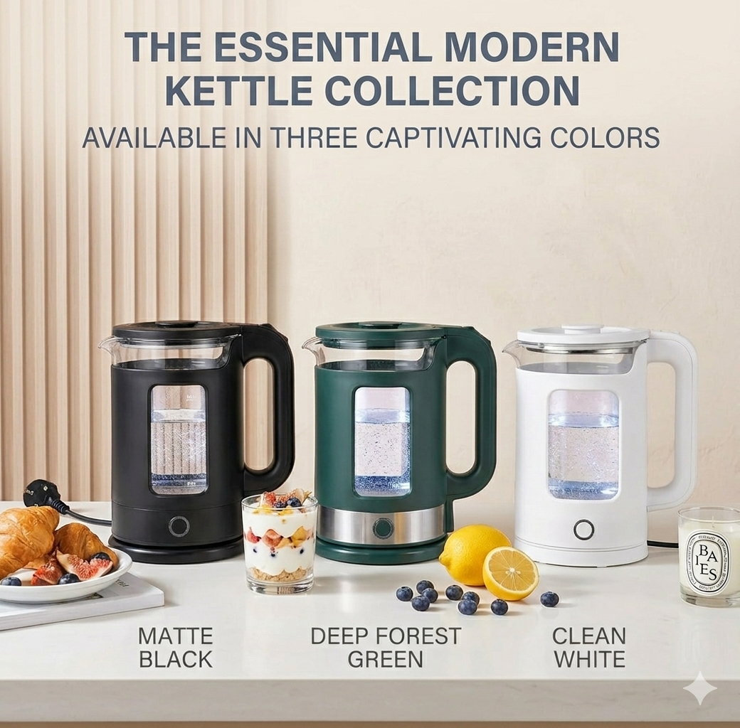 High-Quality Electric Kettle Health Pot – Green, White, Black Visual Design