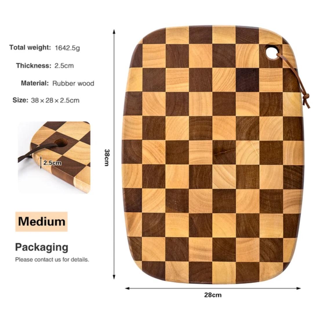 Wooden Cutting Board Professional Natural Rubberwood Chessboard End-Grain Cutting Board 38cm x 28cm